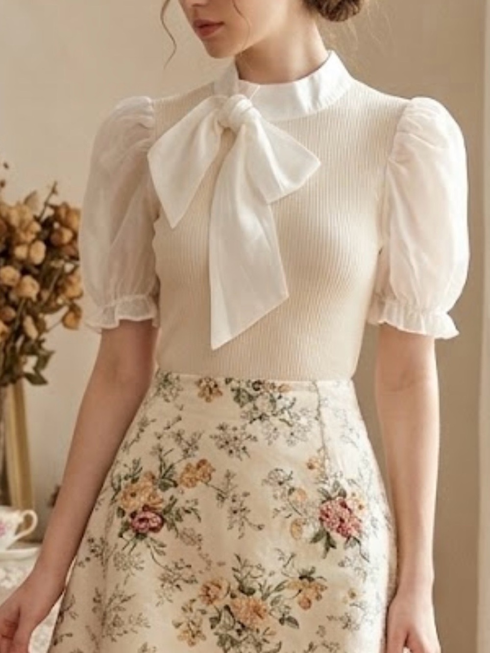 Organza Bow Short Puff Sleeve Coquette Whimsigoth Cotton Knit Top XSmall